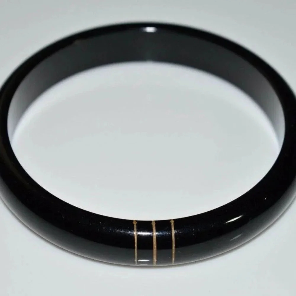 Black with Gold Stripes Acrylic Vintage Bangle